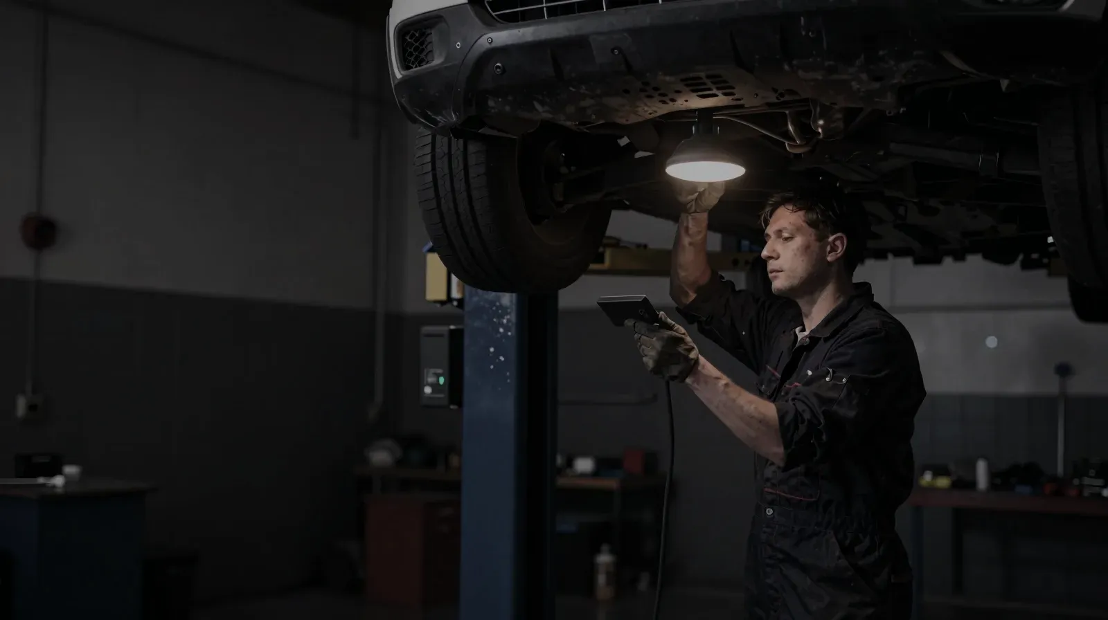 Mechaniker arbeitet an einem Auto auf der Hebebühne