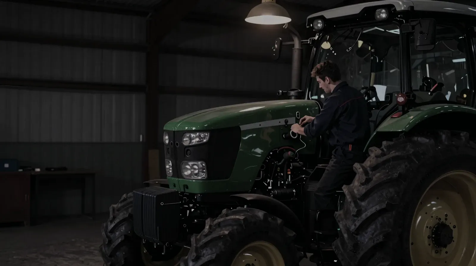 Landmaschinenmechaniker an einem Traktor in der Werkstatt