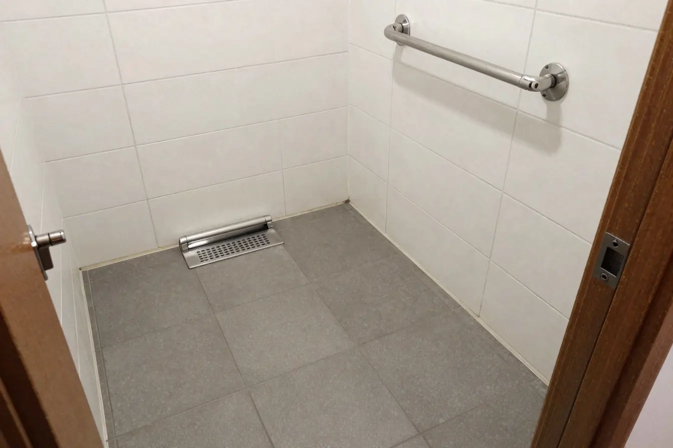 Bodengleiche Dusche mit rutschhemmenden Fliesen, Haltegriff und Klappsitz