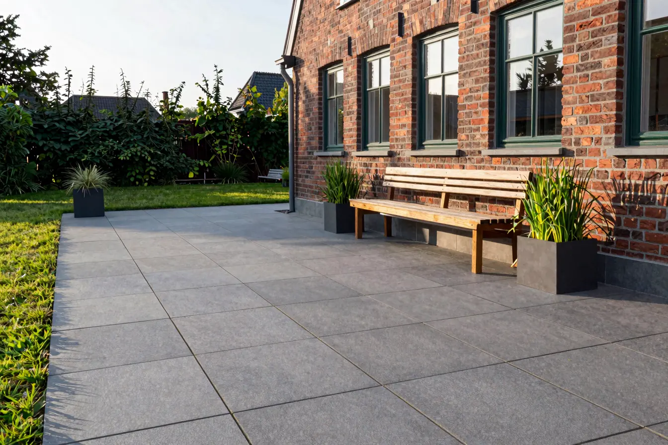 Terrasse mit großen grauen Keramikplatten vor einem Klinkerhaus