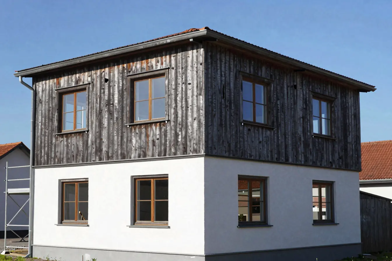 Siedlungshaus mit neuem Obergeschoss in Holz, verkleidet mit grauen Brettern