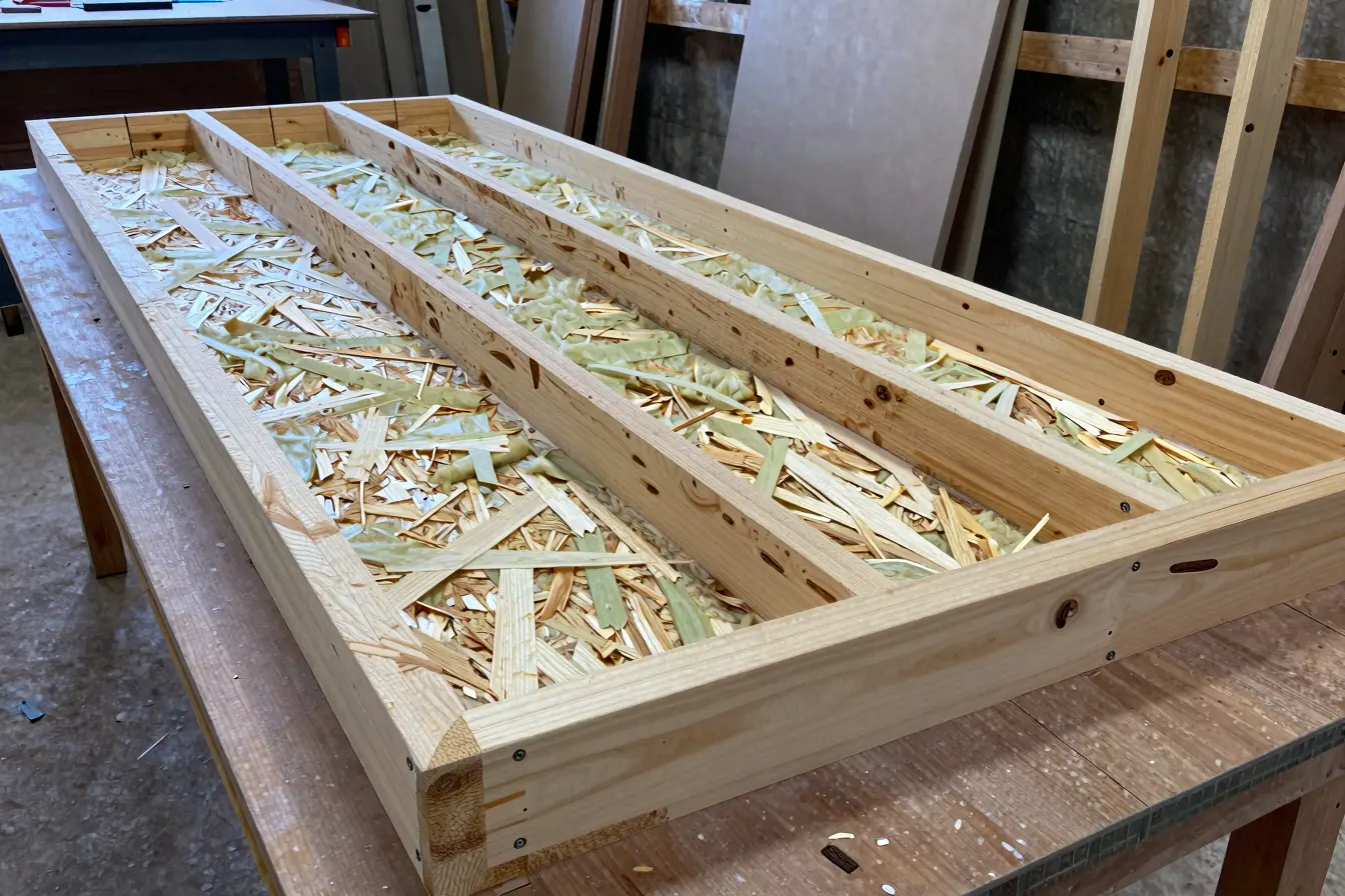 Vorgefertigtes Holzrahmenbau-Element mit eingelegter Dämmung auf dem Tisch in der Halle