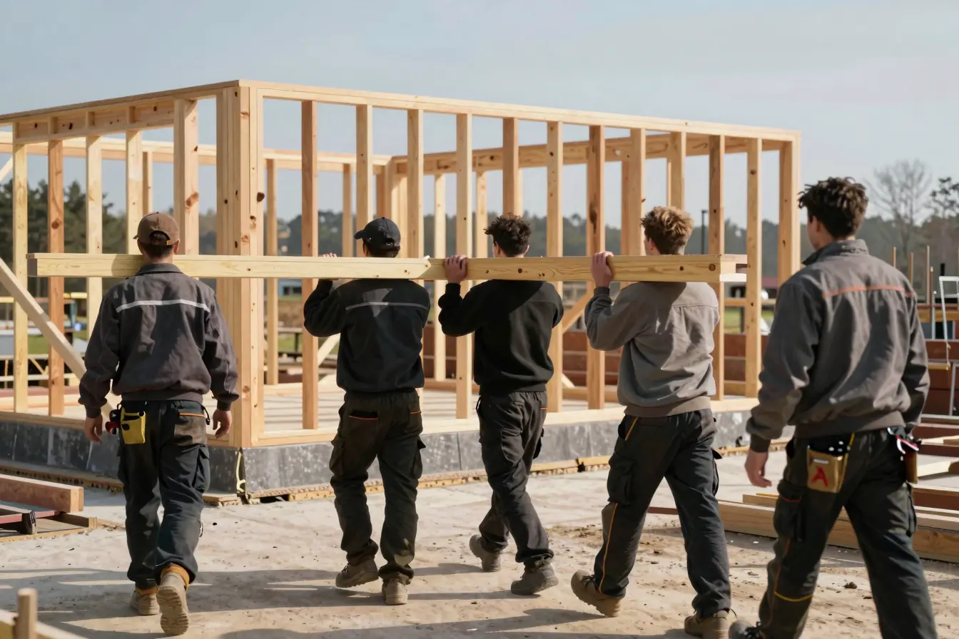 Zimmerer in Arbeitskleidung von hinten auf dem Weg zu einem Holzhaus-Rohbau