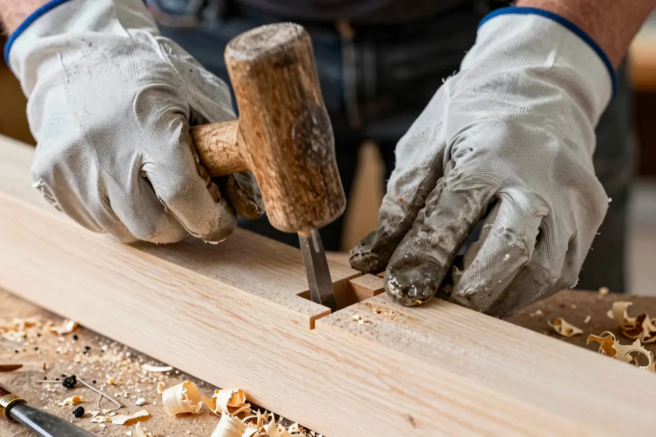 Hände in Arbeitshandschuhen passen mit Klüpfel und Stemmeisen einen Zapfen in einen Balken
